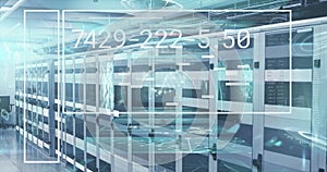 Image of numbers and data processing on screen over computer servers