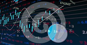 Image of numbers, graphs and financial data on digital screen