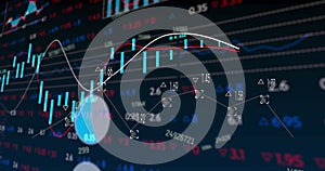 Image of numbers, graphs and financial data on digital screen