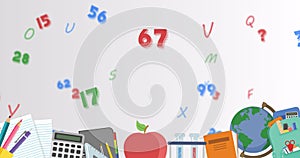 Image of numbers and letters changing with education icons on white background