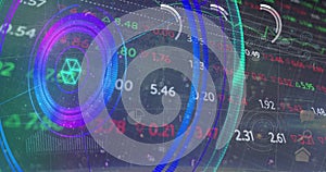 Image of numbers, processing circle, neon shapes and financial data on digital screen
