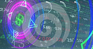 Image of numbers, processing circle, neon shapes and financial data on digital screen