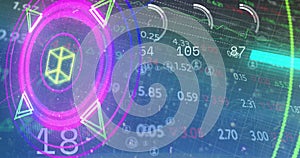 Image of numbers, processing circle, neon shapes and financial data on digital screen