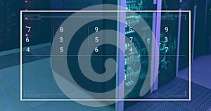 Image of numbers on screen over data server racks