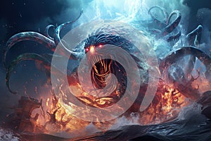 Image of an octopus demon with a frightening atmosphere. Undersea animals. Illustration, Generative AI