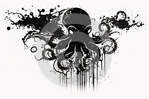 Image of an octopus drawing using a brush and black ink on white background. Sea animals. Illustration, generative AI