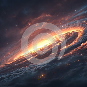 A breathtaking view of a glowing spiral galaxy swirling through dark space with sparkling stars. photo