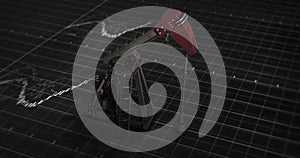 Image of oil pump working over financial data processing and grid on black background