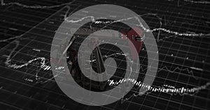 Image of oil pump working over financial data processing and grid on black background
