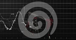 Image of oil pump working over financial data processing and grid on black background