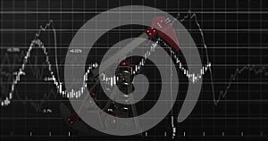 Image of oil pump working over financial data processing and grid on black background