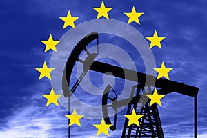Image of oil rigs against the background of the flag of the European Union. The concept of oil production in Russia and sanctions