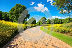 old brick road on the blue sky background made with Generative AI photo