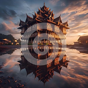 image of old building structure reflection flawlessly captured inside the water puddle.