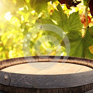 Image of old oak wine barrel in front of wine yard landscape. Useful for product display montage.