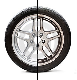 Image of old refurbished tyre showing before and after conditions concept of restoration or improvement