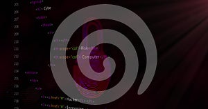 Image of online biometric fingerprint security padlock, binary coding and data processing