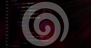 Image of online biometric fingerprint security padlock, binary coding and data processing