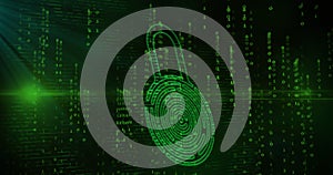 Image of online biometric fingerprint security padlock, binary coding and data processing