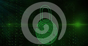 Image of online biometric fingerprint security padlock, binary coding and data processing