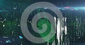 Image of online biometric fingerprint security padlock, binary coding and data processing