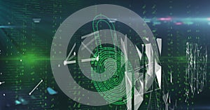 Image of online biometric fingerprint security padlock, binary coding and data processing