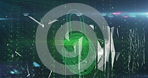 Image of online biometric fingerprint security padlock, binary coding and data processing