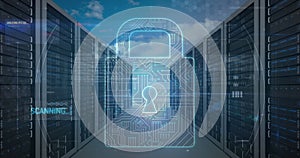 Image of online security padlock and data processing over computer servers
