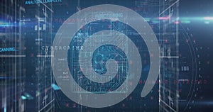 Image of online security padlock and data processing over scope