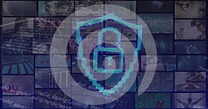 Image of online security padlock and data processing on screens