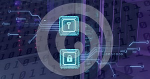Image of online security padlock and key, binary coding over computer motherboard