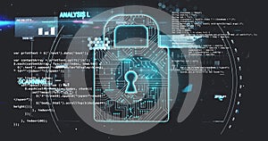 Image of online security padlock over data processing and scope scanning