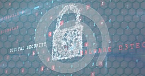 Image of online security padlock over numbers changing and cyber attack warning