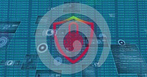 Image of online security padlock, scopes scanning and data processing on screens