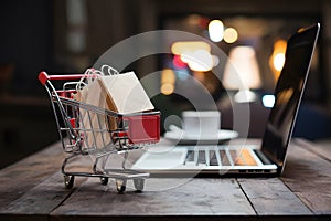 Image Online shopping concept cart, laptop on table