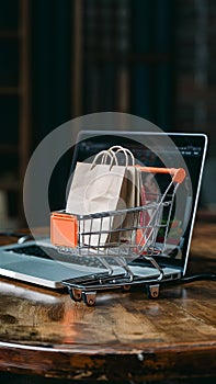 Image Online shopping concept cart, laptop on table