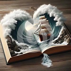 image of an open book with 3 dimensional photo of a sailing ship on a rocky shore on the open pages.