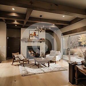 Open concept living room with fireplace wooden beams black door frames and autumn colors