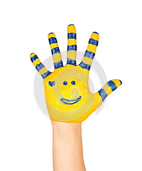 image of an open hand yellow with blue stripes and a pretty smal photo