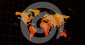 Image of orange world map with numbers floating above it on black background