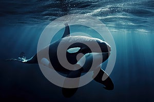 Image of orca or killer whale swimming under the sea. underwater animals. illustration, generative AI