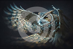 image of An owl is spreading its wings and flying in the dark. Wildlife. Birds. illustration, generative AI