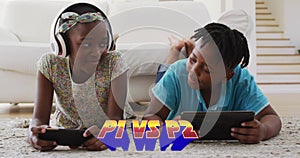 Image of p1 vs p2 text with african american children using tablet and smartphone photo
