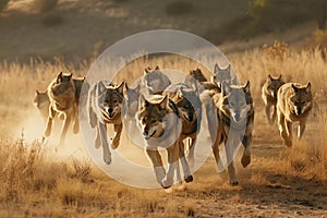 Image of a pack of wolves in a dry forest. Wild Animals. Illustration, Generative AI
