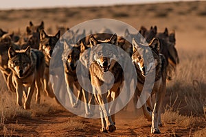 Image of a pack of wolves in a dry forest. Wild Animals. Illustration, Generative AI