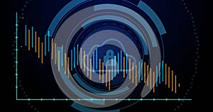 Image of padlock with cloud, digital data processing over scope scanning on dark background