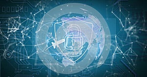 Image of padlock, connections with icons and digital data processing over globe
