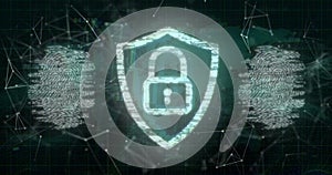 Image of padlock and data processing over biometric fingerprints