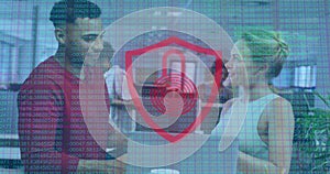 Image of padlock and data processing over diverse business people in office