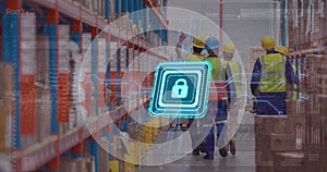 Image of padlock and data processing over diverse workers walking in warehouse